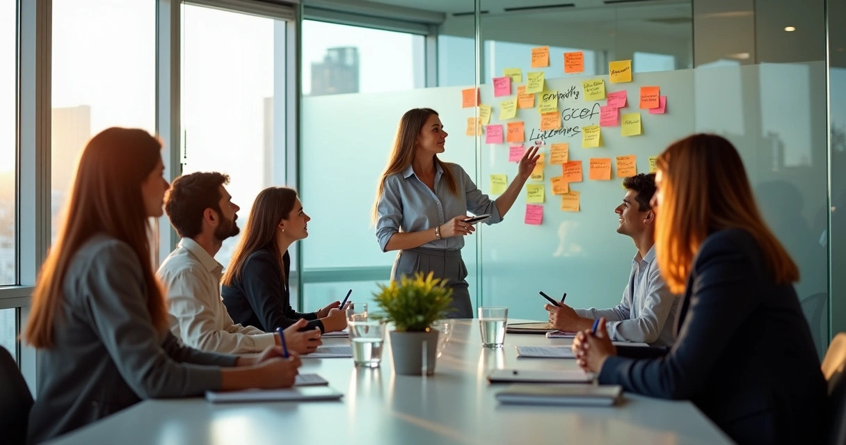 Diverse team in a modern office discussing emotional intelligence at work 