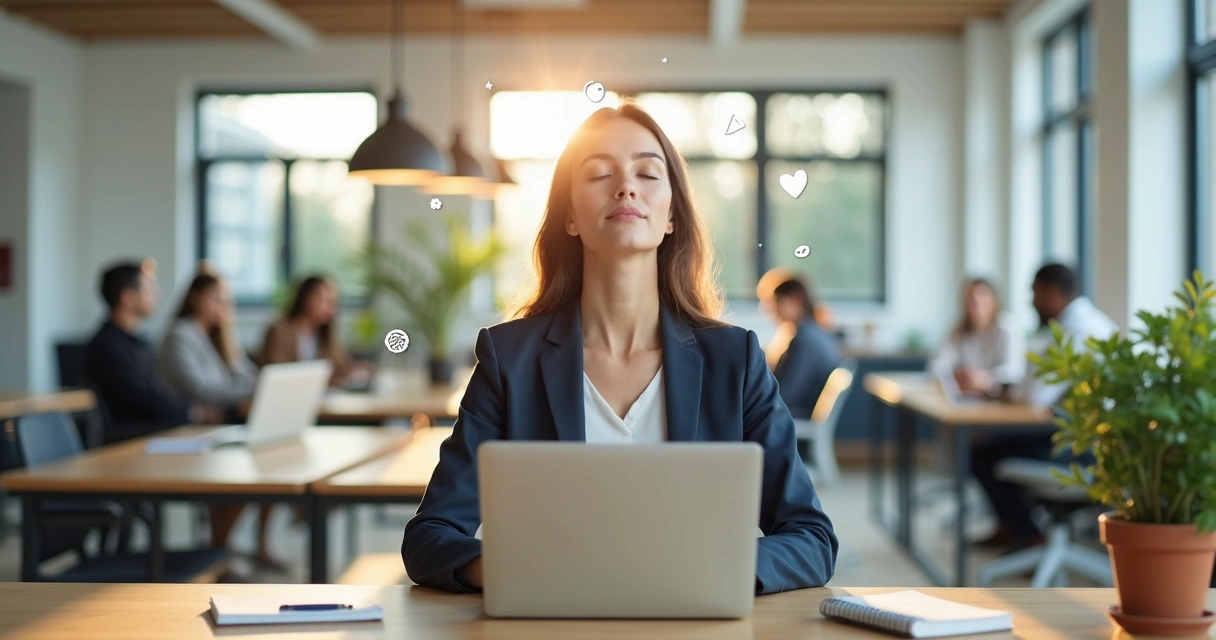 Professional woman practicing mindful breathing at her desk in a calm modern office 