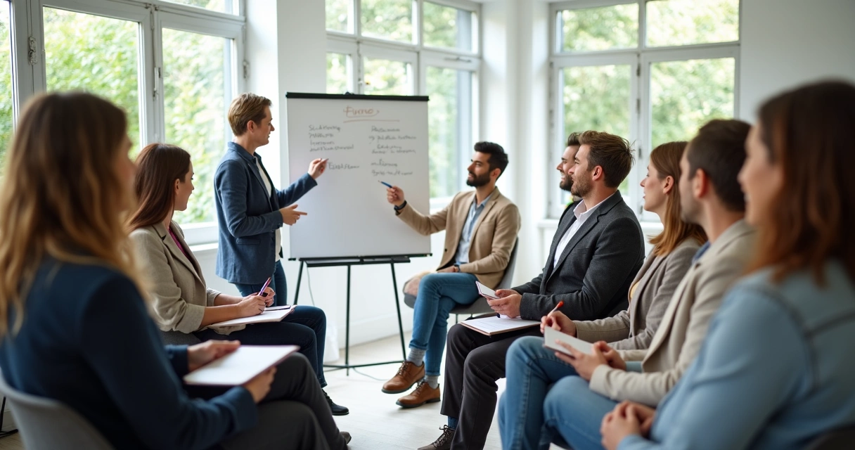 People attending a workshop, sitting in a semicircle with a facilitator at front writing on a whiteboard