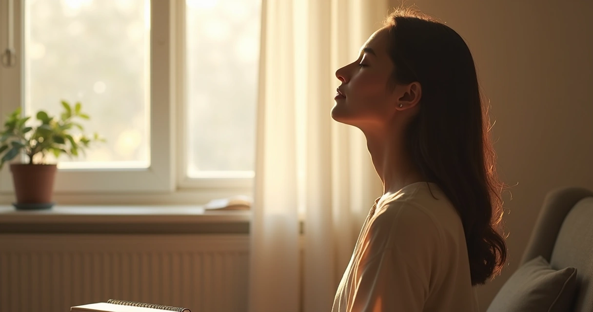 Person sitting quietly in a minimal room, focusing inward, sunlight streaming in through a window behind. 