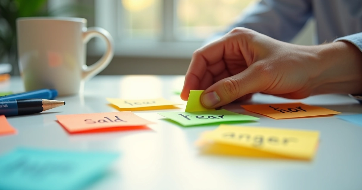 Sticky notes with emotion words in multiple colors