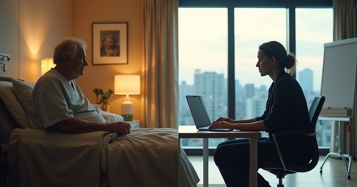 Caregiver comforting a patient and leader listening to a colleague in a subtle split scene 