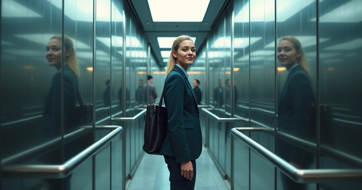 Office worker reflecting in elevator mirror with split expression 
