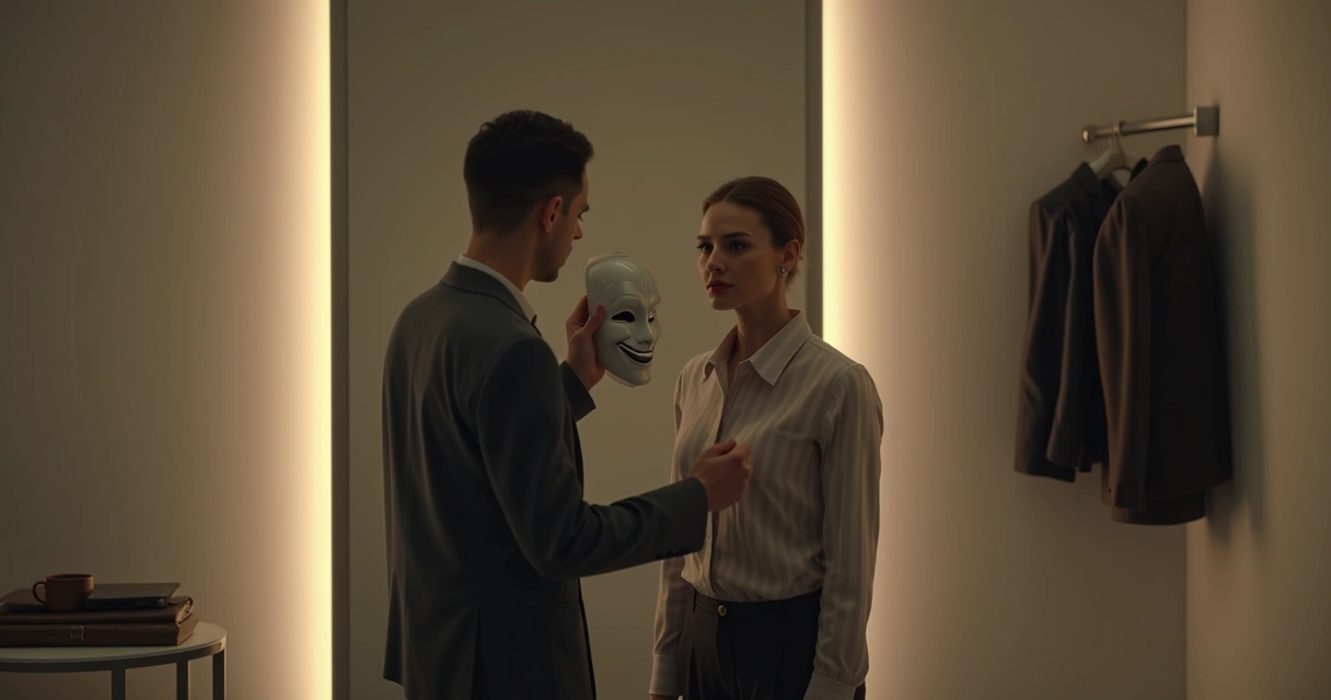 Person in front of mirror removing a cracked emotion mask in a dim studio 