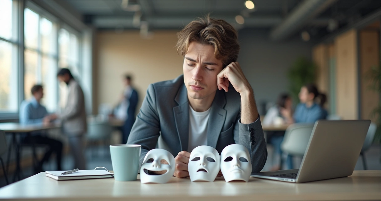 Office worker balancing masks of different emotions at desk 