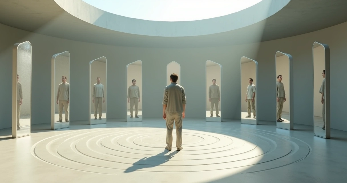 Person standing in front of fragmented mirrors in a circular room 