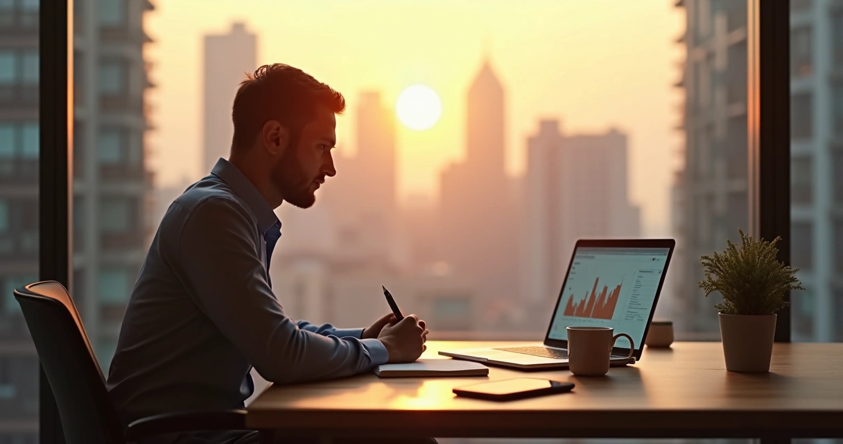 Leader reflecting by a window with notebook and city in background 
