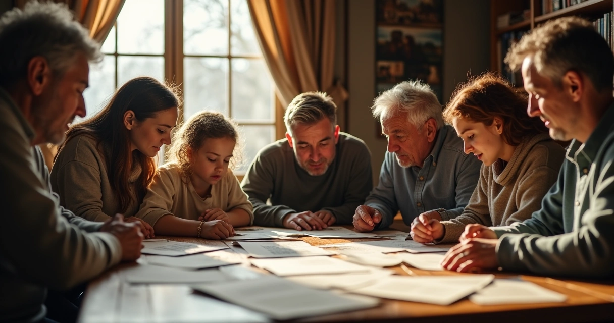 Family members of different ages looking at old photographs on a large wooden table