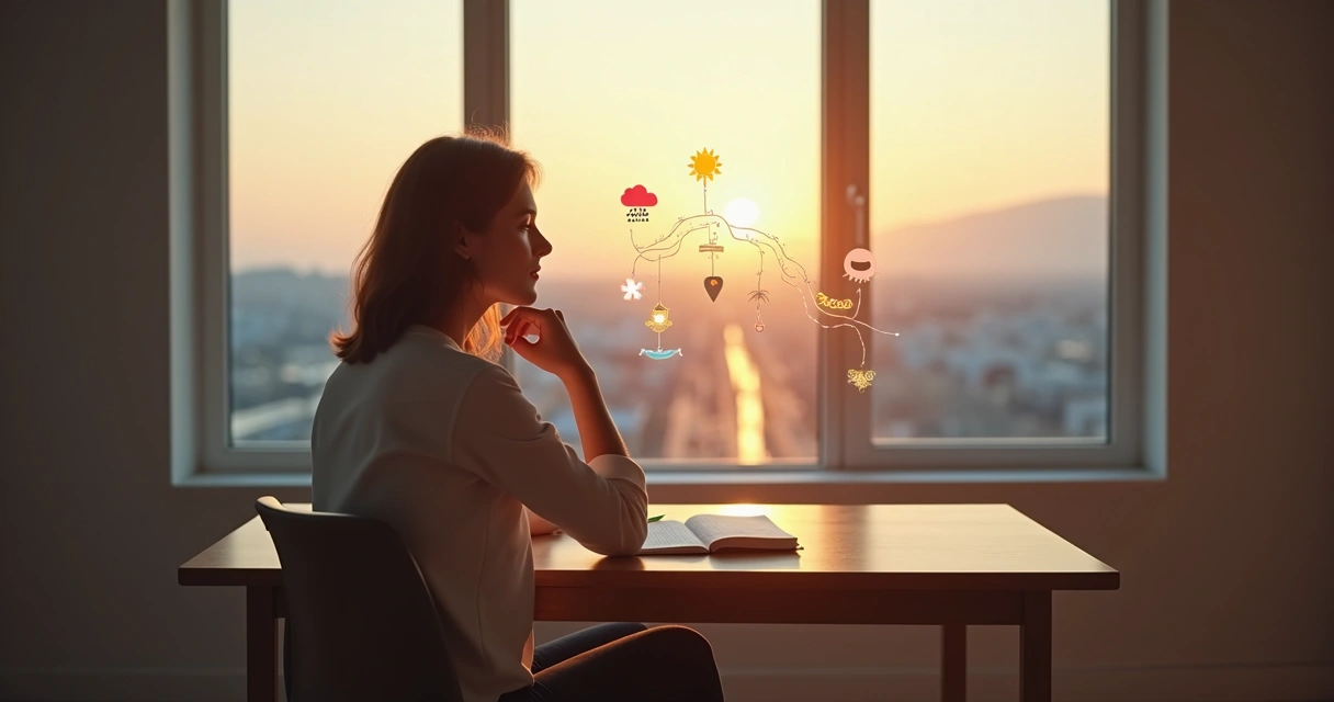 Person reflecting with illustrated emotions and decision paths around the head 