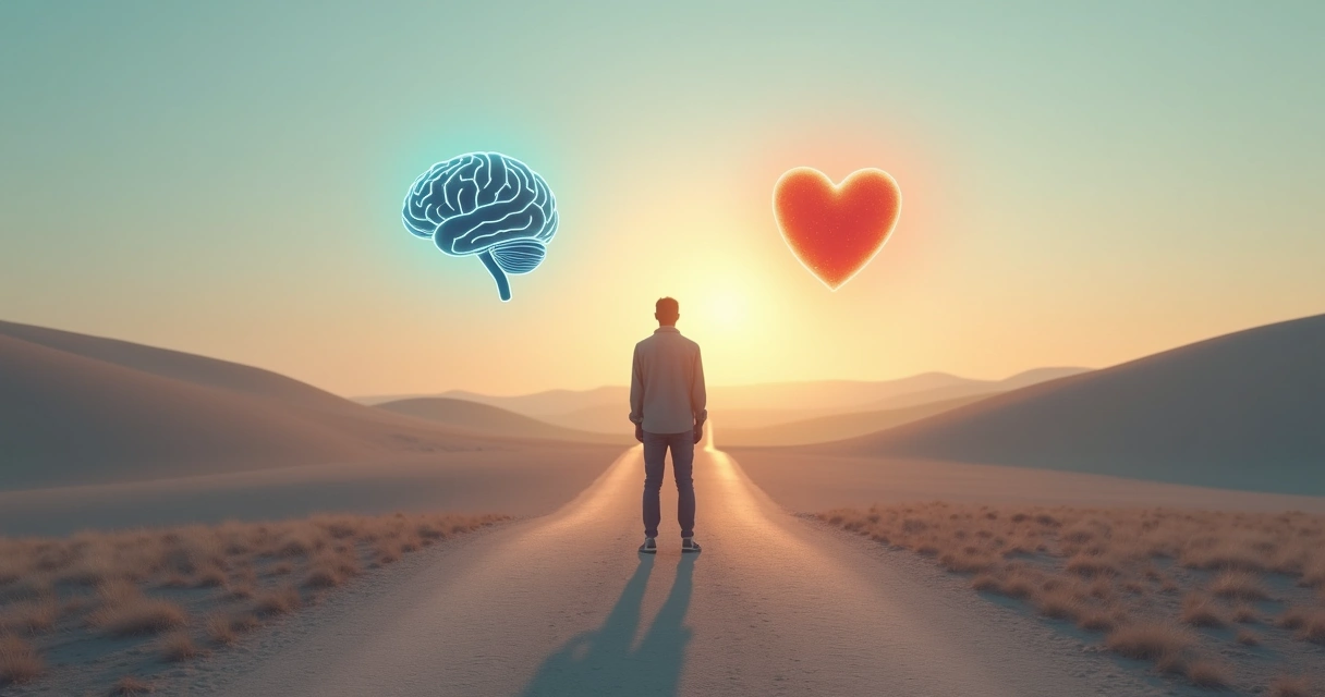 Person at a crossroads with brain and heart symbols guiding a decision 
