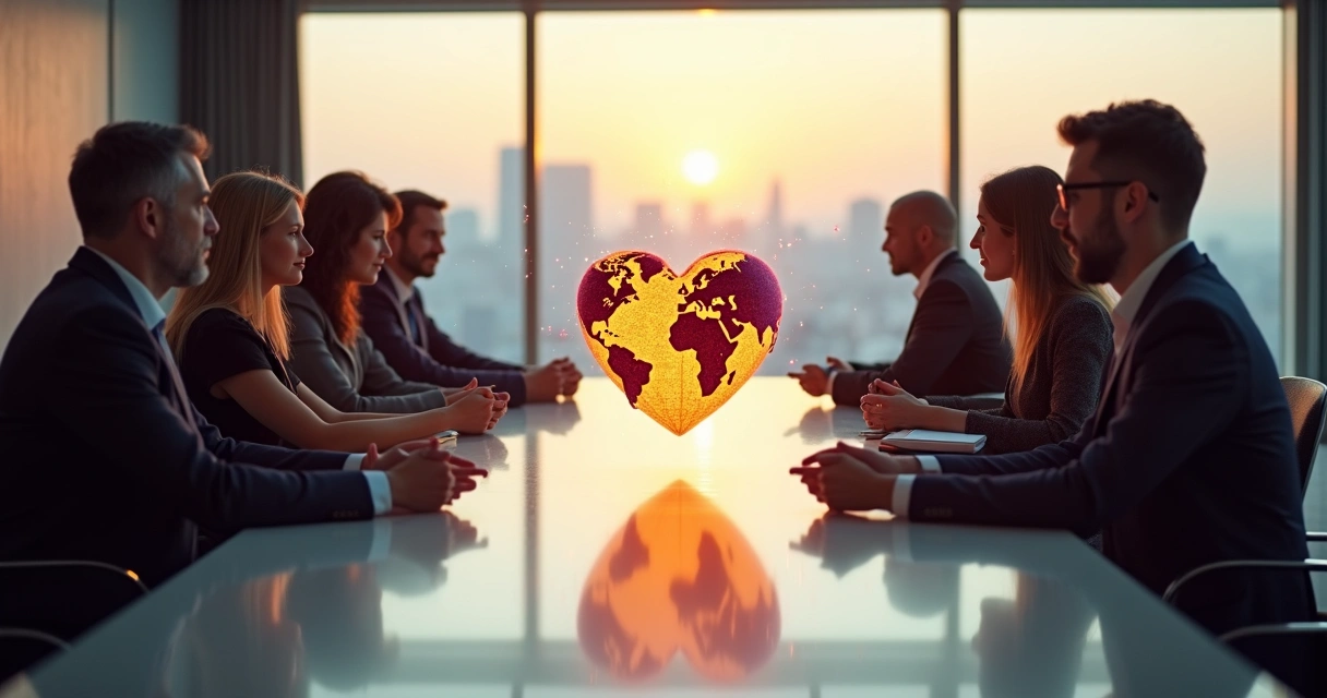 Diverse diplomats around a table with a glowing heart-shaped world map between them 