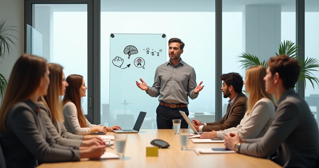 Business leader guiding a diverse team in a calm reflective meeting 