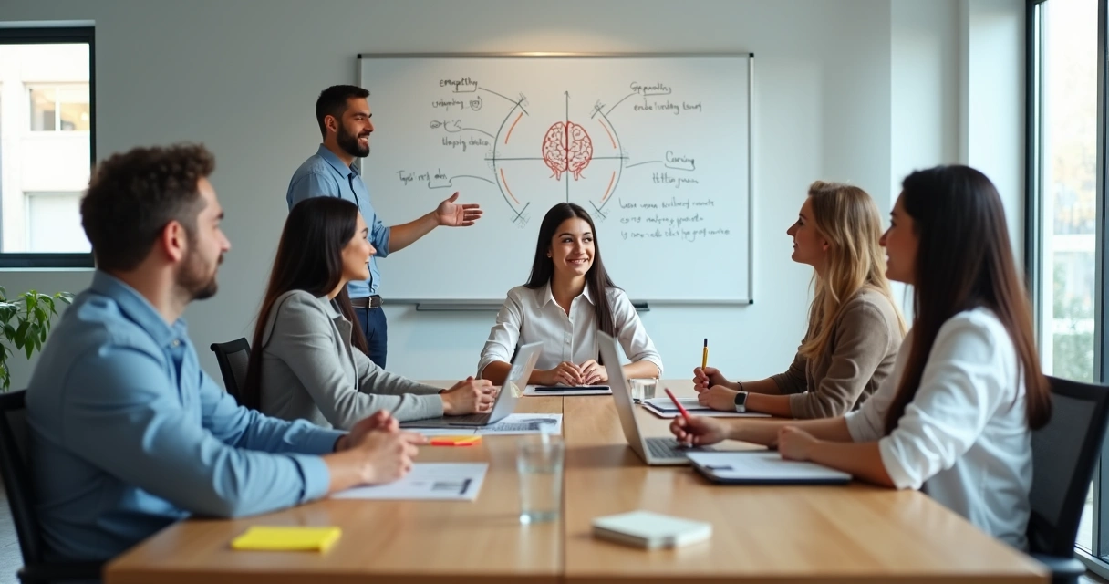 Diverse coworkers in a meeting practicing calm, emotionally aware communication 