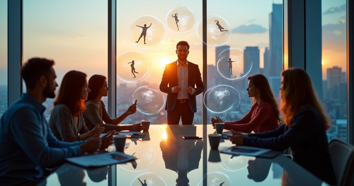 Business team in glass office with repeated emotional silhouettes around them 