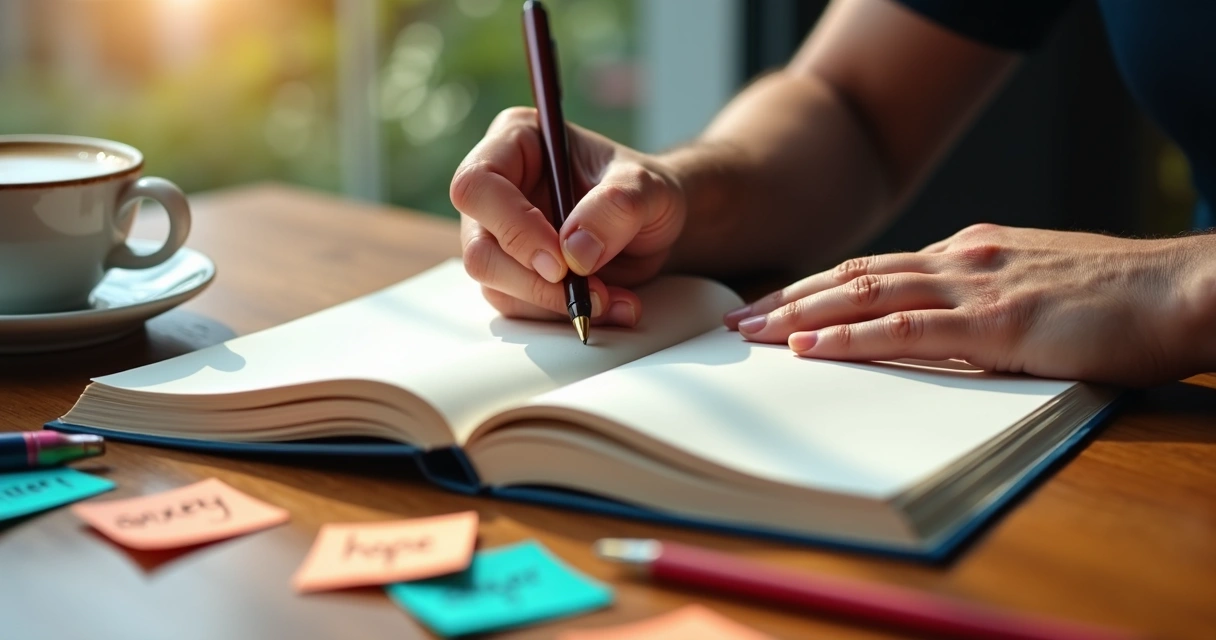 Hand writing in a journal on a wooden table, with colored pens and a cup of coffee to the side. 