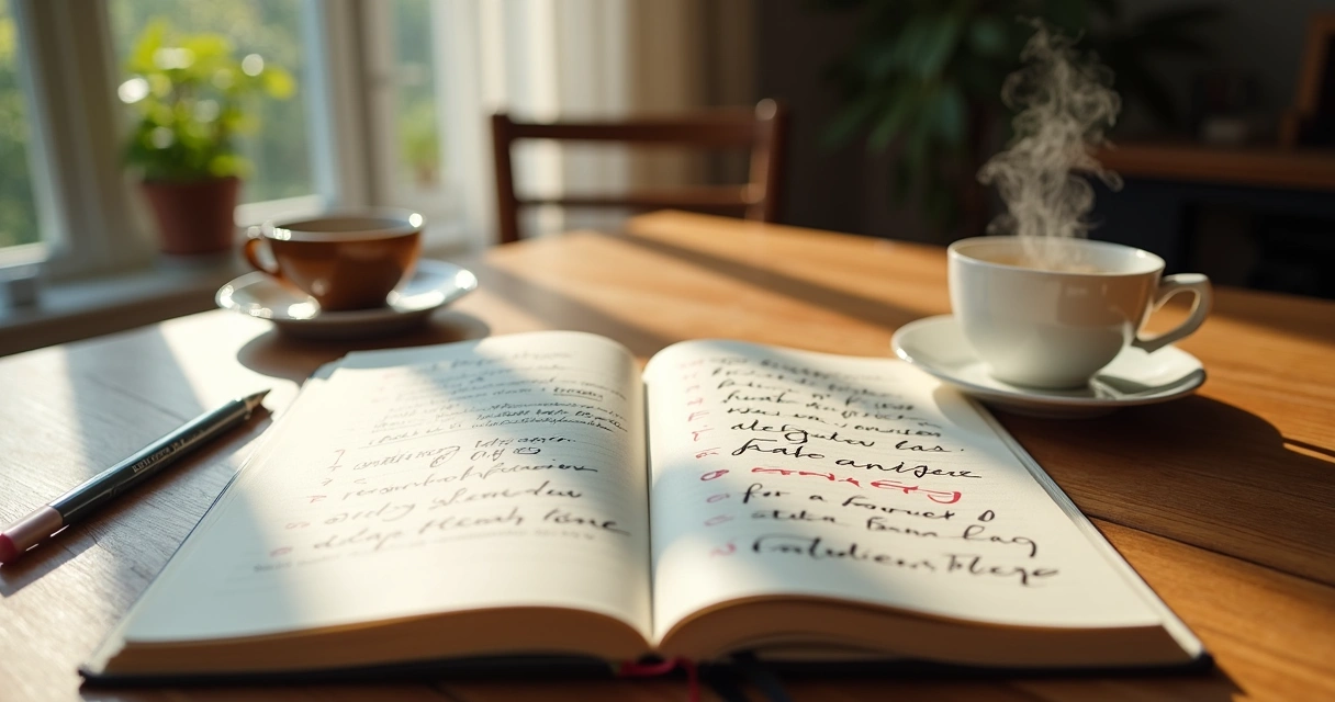 Open journal with handwritten emotion words and a cup of tea beside 
