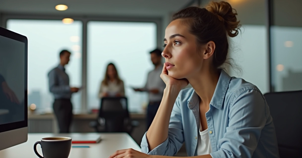 Person in office making calm decision while colleagues talk in background 