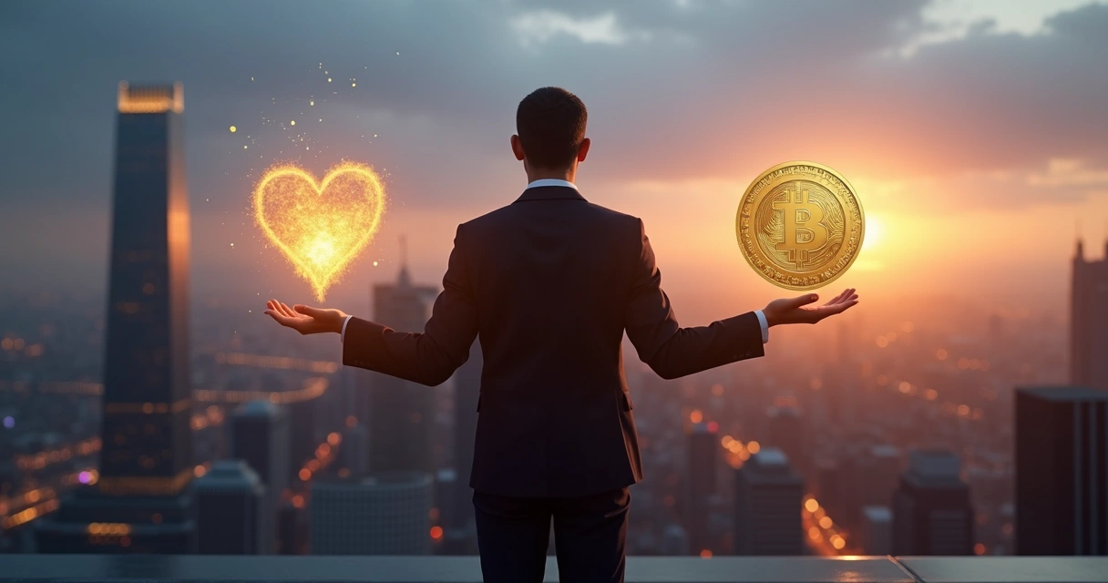 Person on city rooftop balancing glowing heart and golden coin 