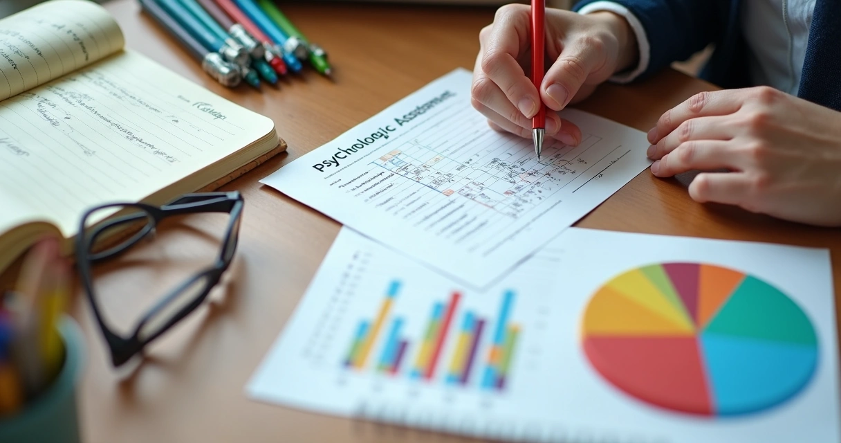 Assessment forms and charts spread out on a wooden desk