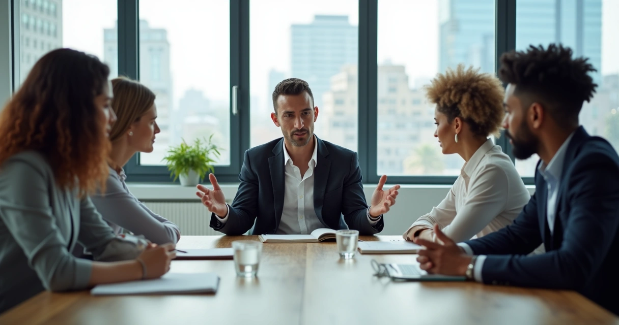 Calm professional leading a balanced discussion in a modern office 
