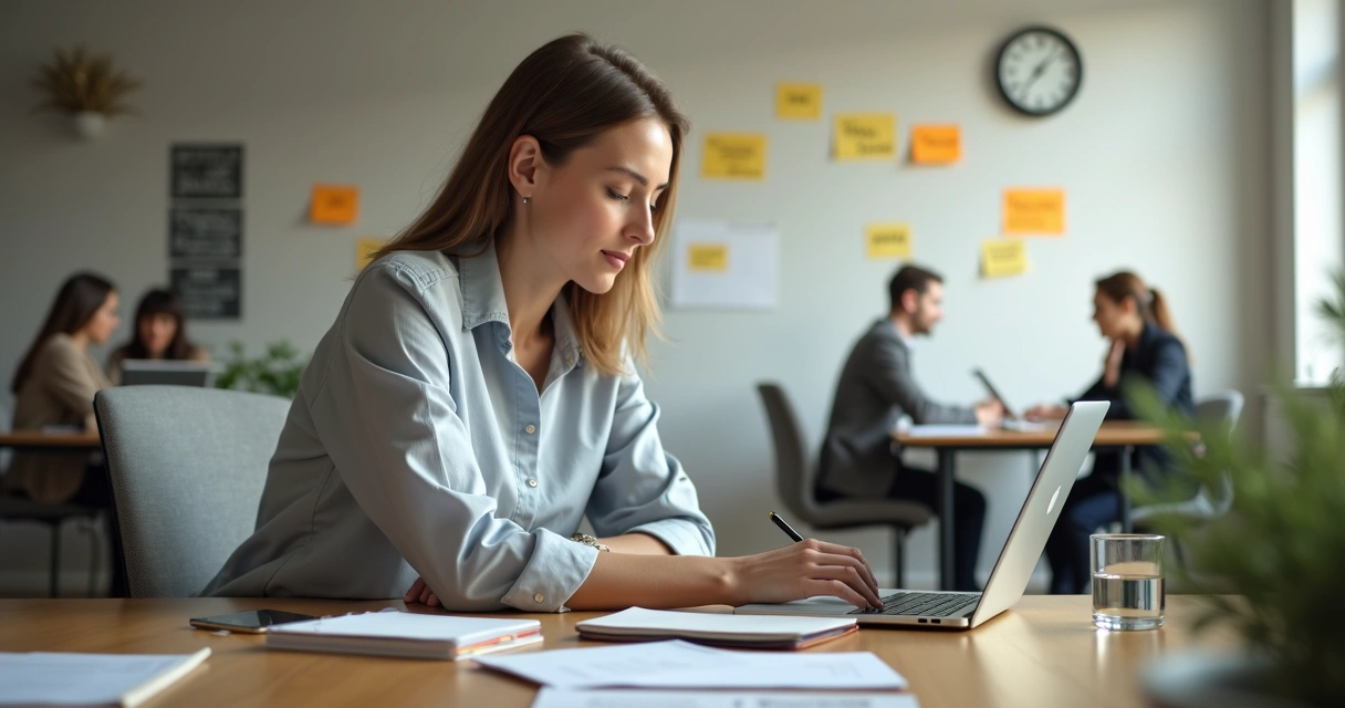 Professional reflecting at desk with calm focused expression 
