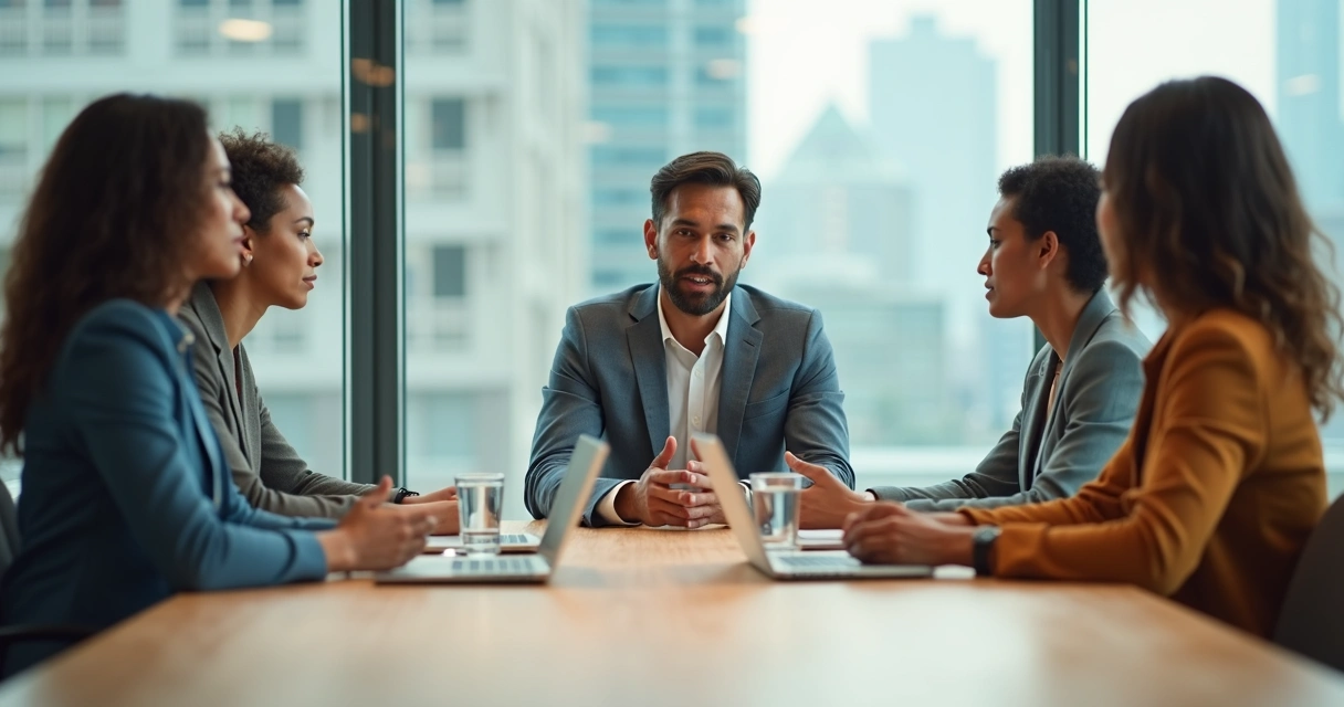 Diverse team in calm discussion around a conference table 