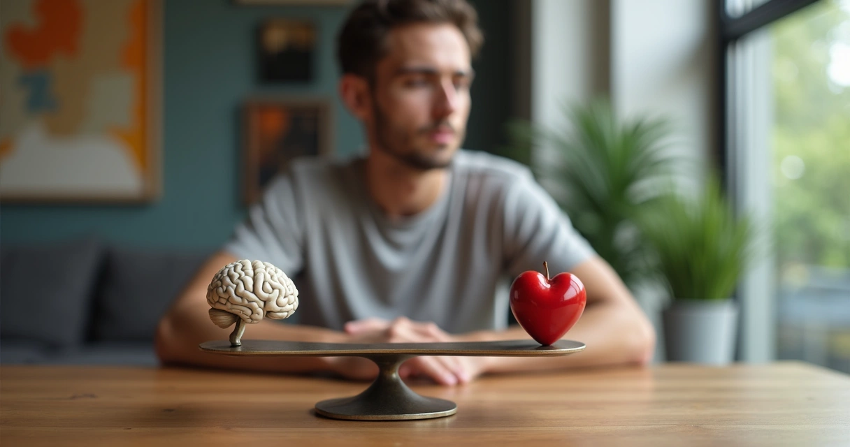 Person observing a balance scale with brain and heart on opposite sides 