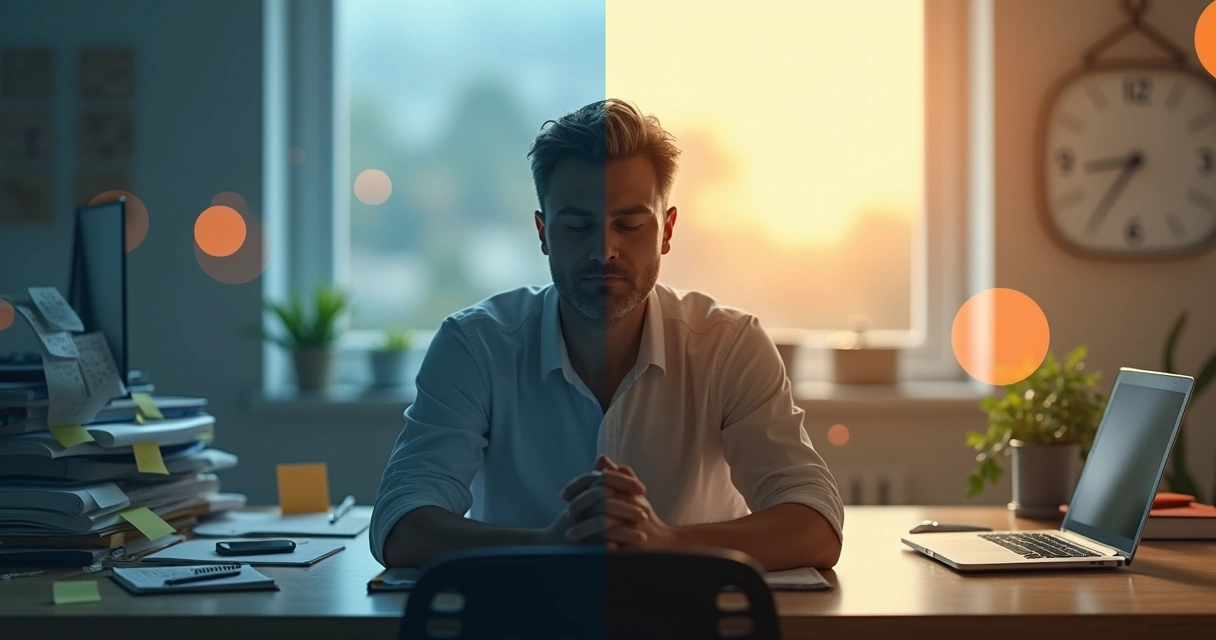 Person split between burnout stress and calm emotional balance 