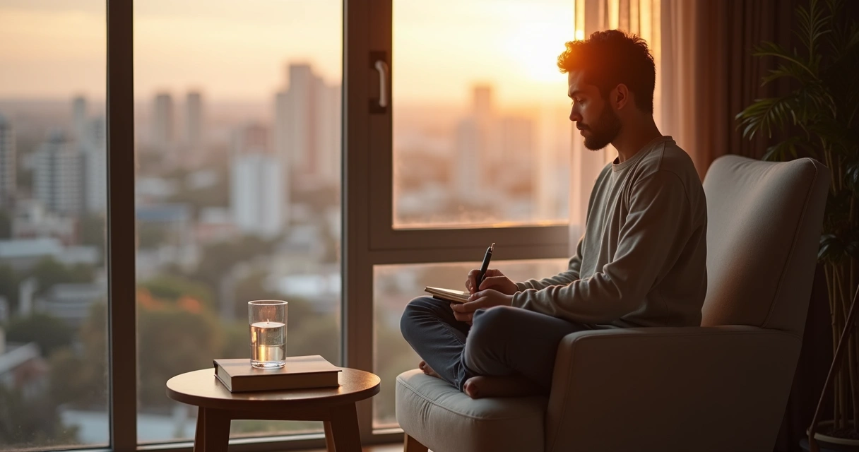 Calm adult sitting by a window journaling with city view at sunrise 