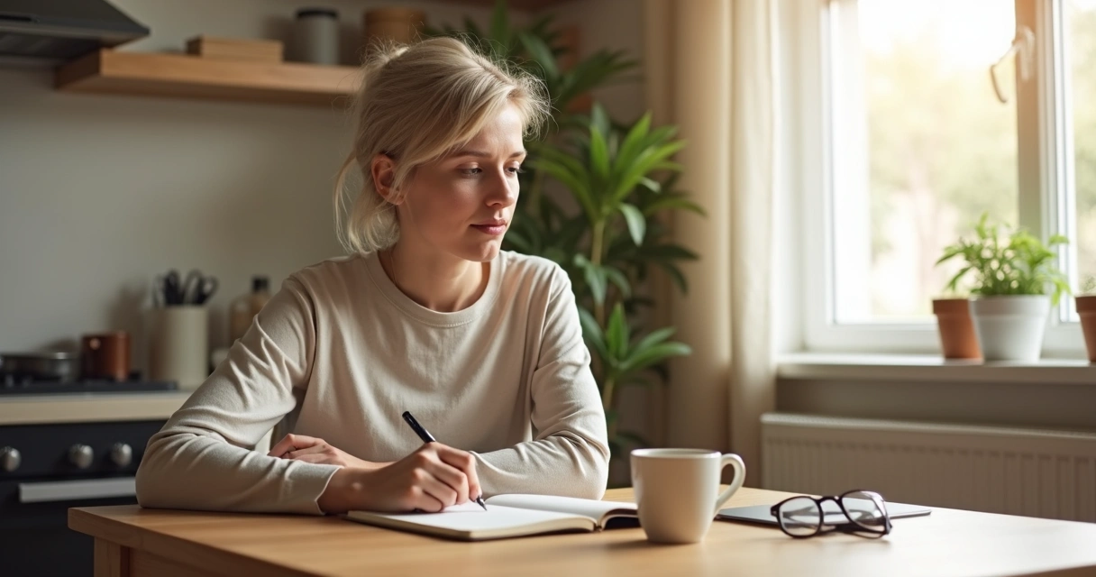 Calm adult sitting at a kitchen table journaling with morning light 