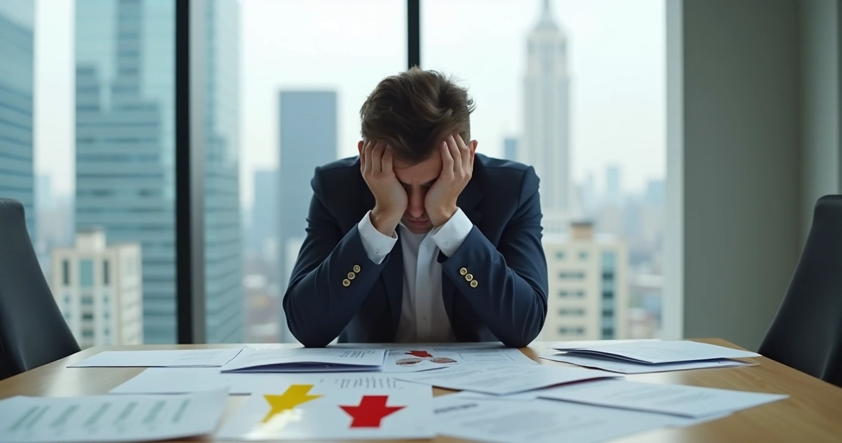 Person sitting at a table with hands on head, worried, surrounded by scattered documents and two different colored decision paths on the table 