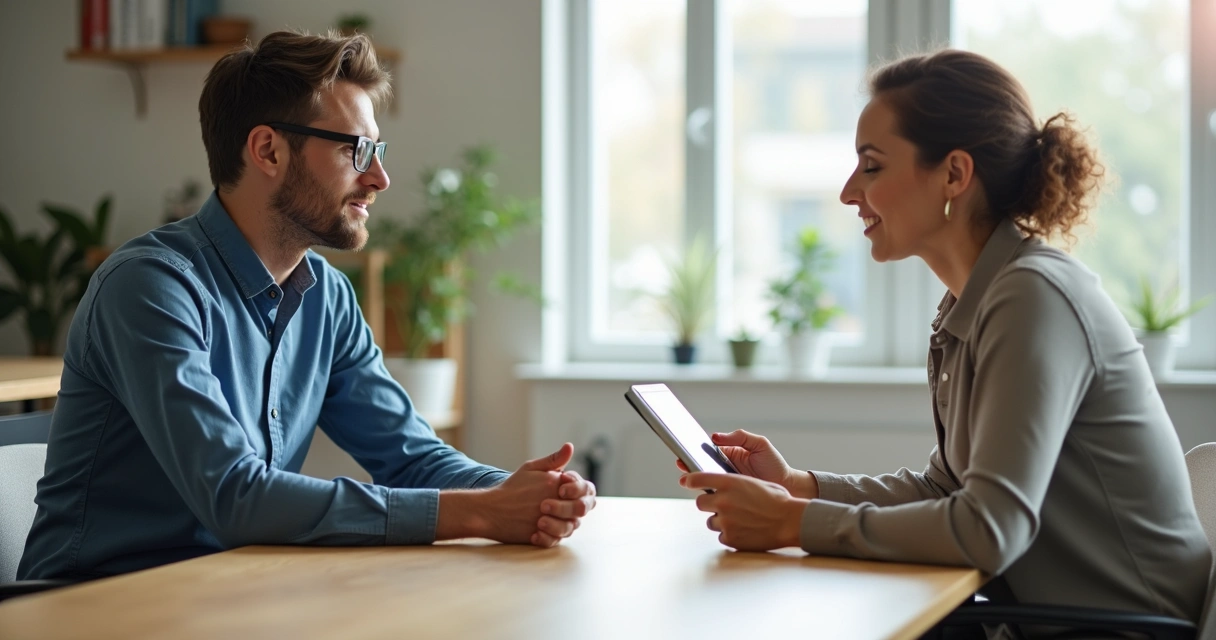 Two professionals in a calm feedback conversation at an office table 
