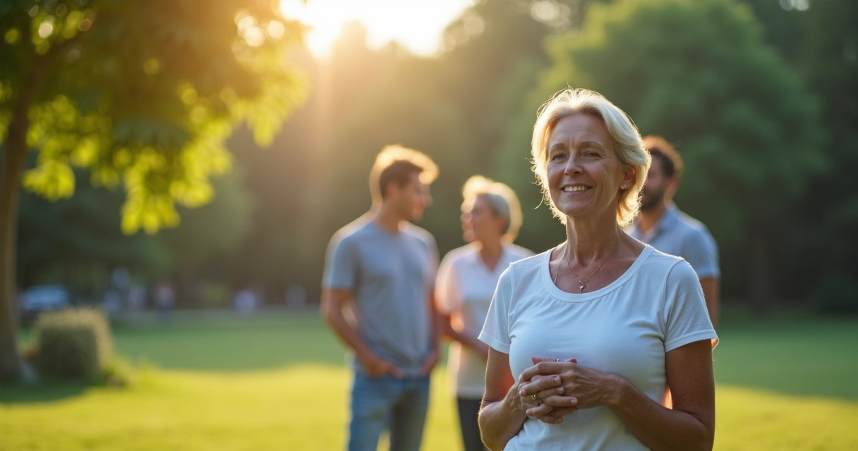 Person standing calmly apart from group in a peaceful environment