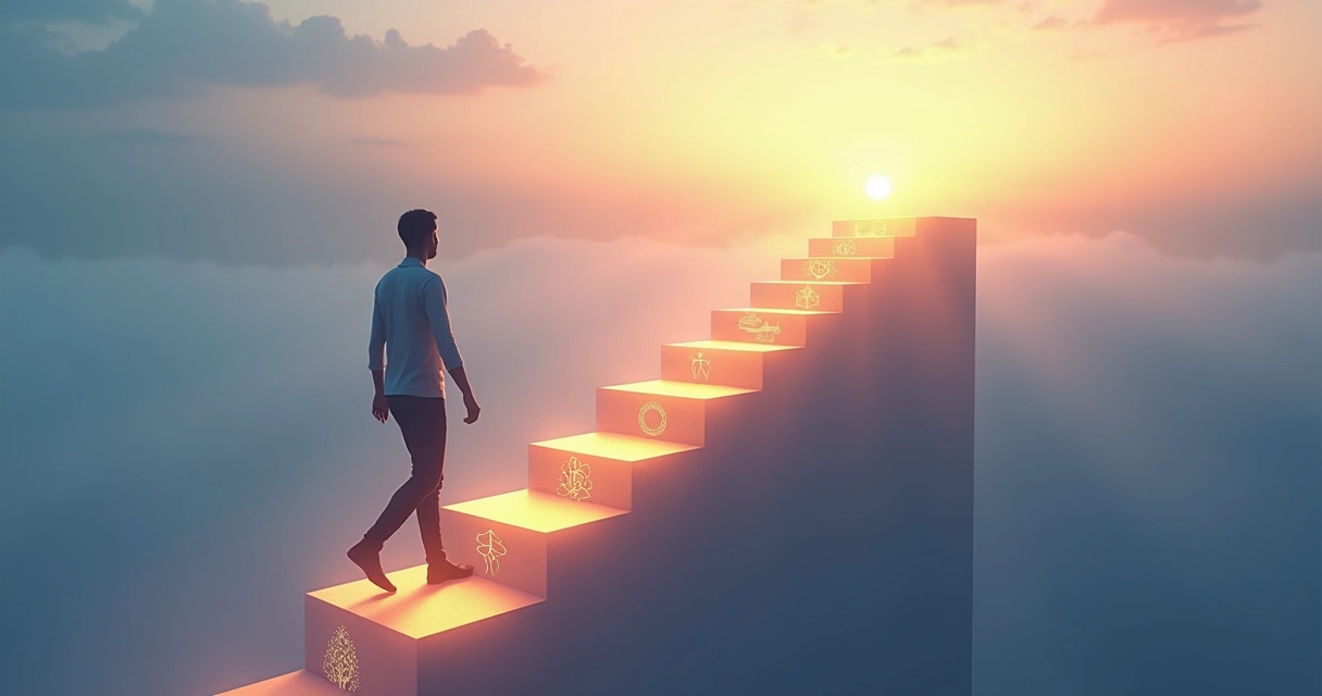 Silhouette walking up glowing steps representing emotional maturity levels 