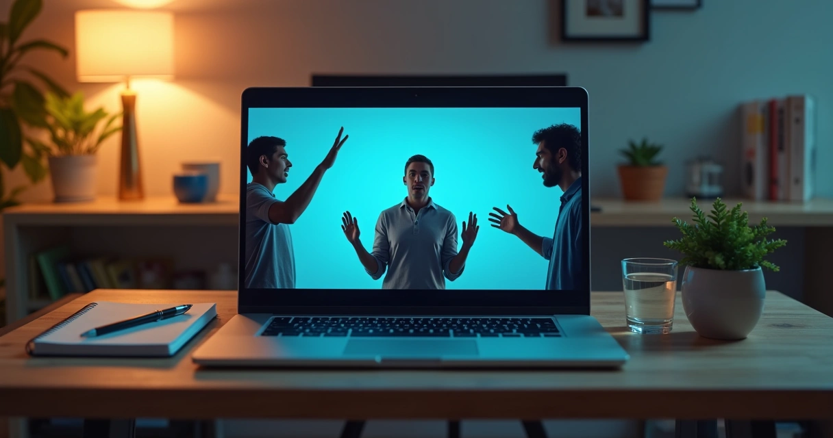 Calm person mediating an online conflict on a laptop screen 