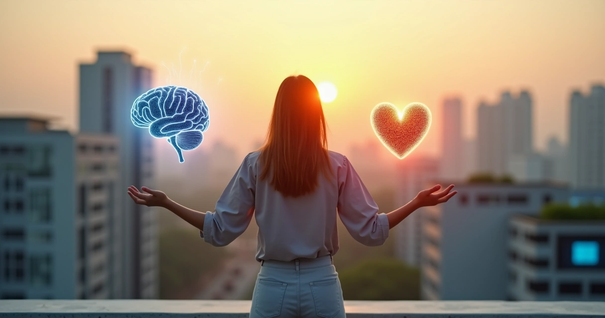Person balancing a glowing brain and heart over a futuristic city at sunrise 
