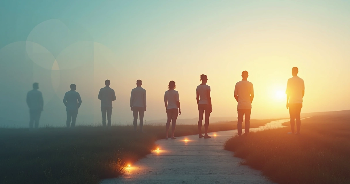 Person on a path with layered silhouettes and glowing mind connection 