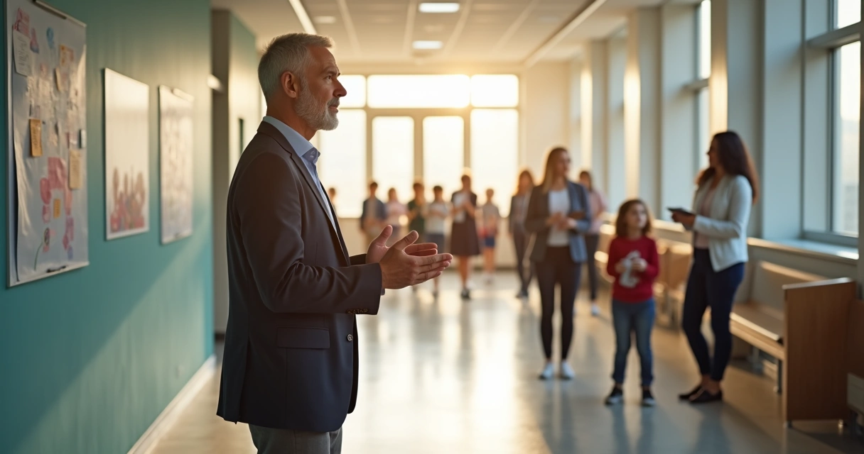 School leader calmly guiding teachers and students in a bright hallway 