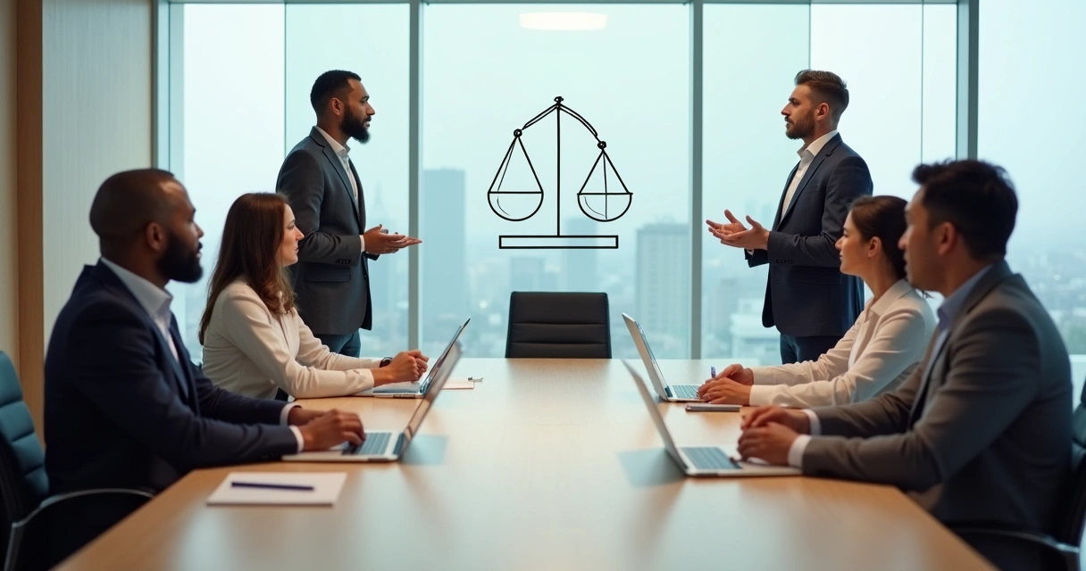 Diverse team in meeting room balancing calm leader and assertive speaker 