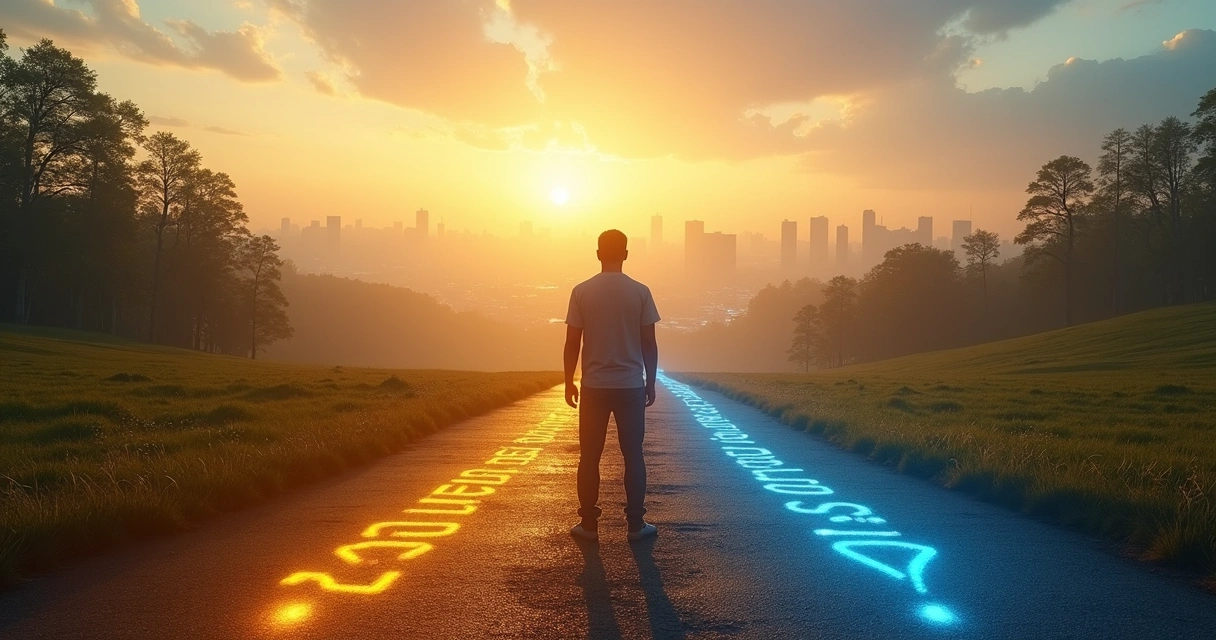 Person standing at a crossroads choosing between inner growth and social approval 
