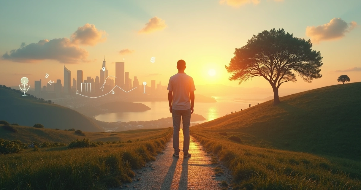 Person standing at crossroads between emotional maturity and external success 