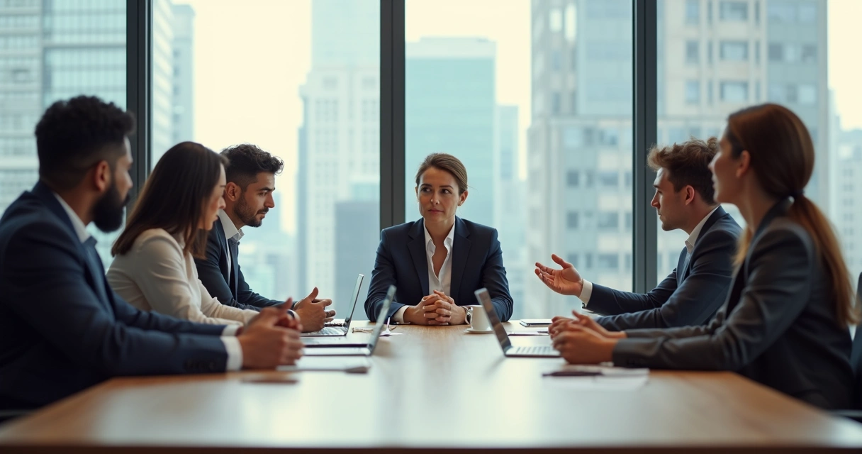 Diverse colleagues in a tense meeting with one person calmly mediating conflict 