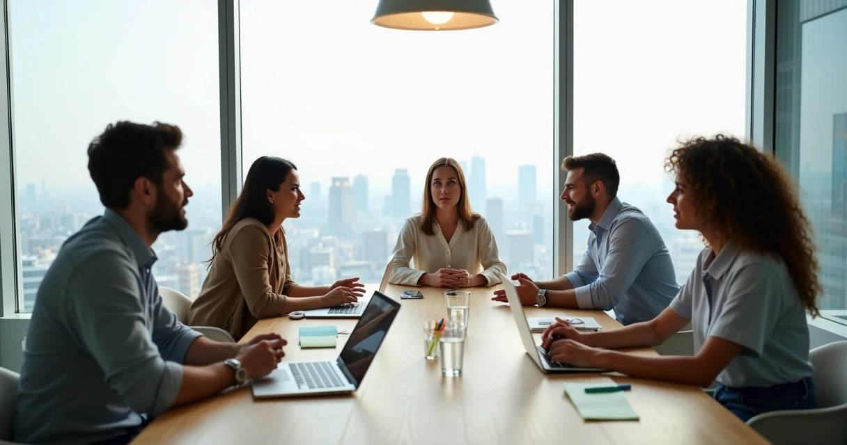 Diverse colleagues in a calm discussion around a meeting table 