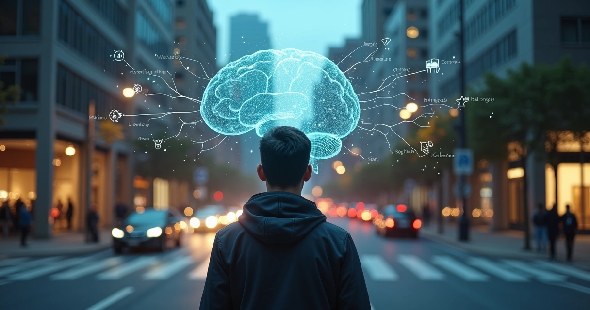 Person standing at crossroads with brain-shaped pathways made of glowing memories 