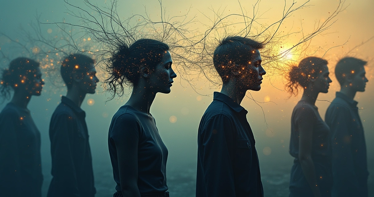 Abstract illustration of tangled lines connecting human silhouettes, showing invisible connections of emotional patterns in relationships