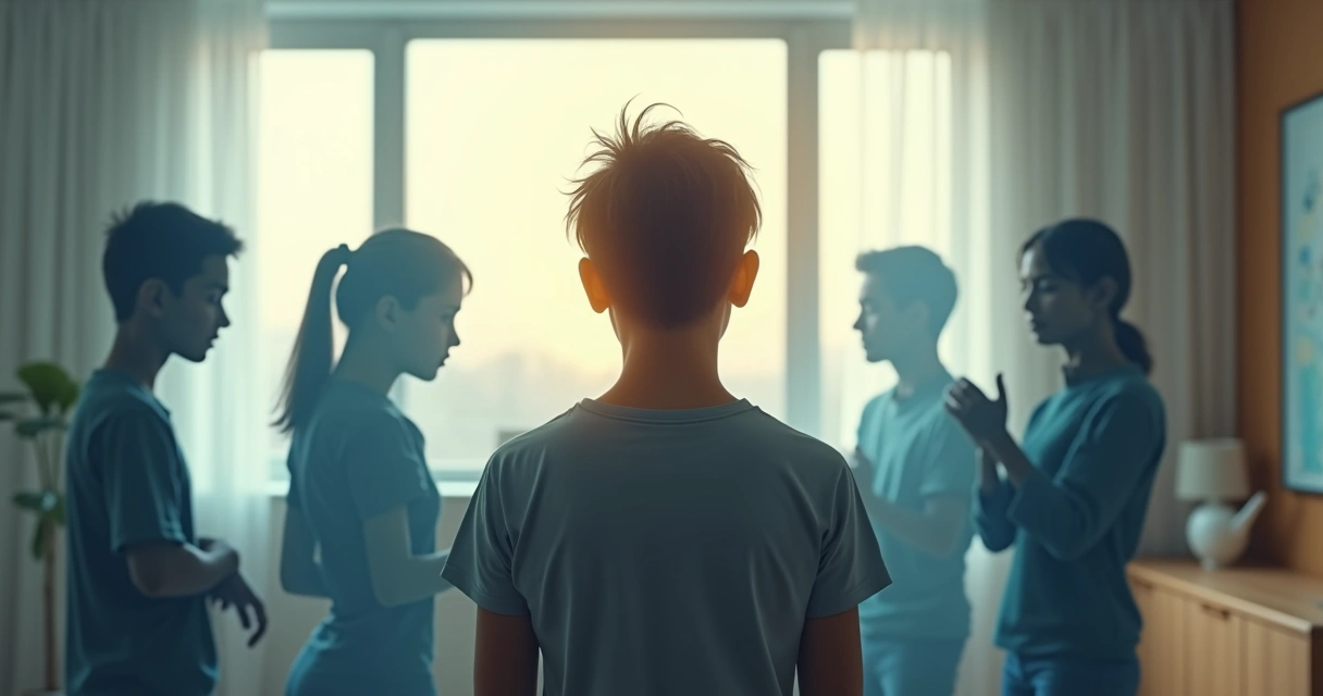 Person facing overlapping translucent silhouettes symbolizing emotional memories 