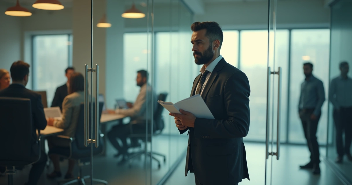 Office worker hesitating at meeting room door