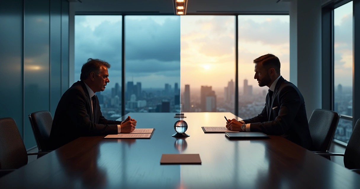 Two negotiators at a long table between storm and calm sides of a city skyline 