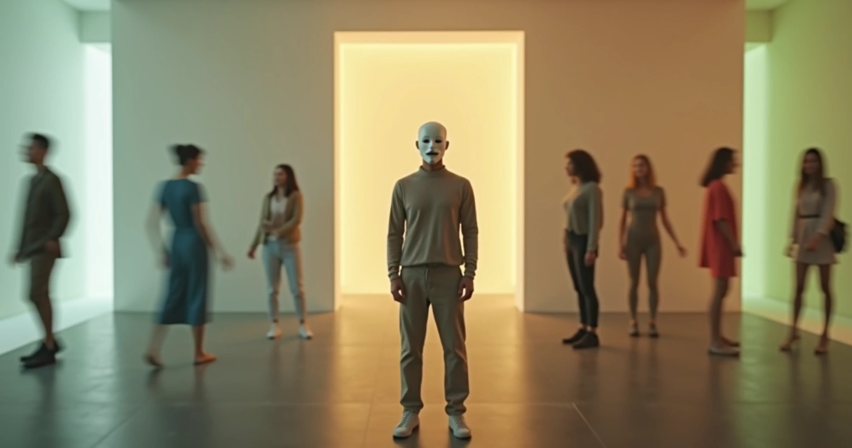 Person in a neutral mask standing in a room of colorful blurred silhouettes 