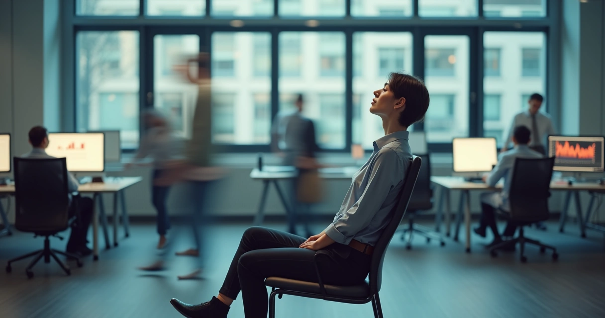 Person practicing calm meditation in a busy office environment 